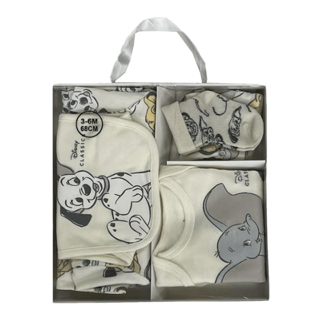 Set of baby clothing with cartoon designs in a box packaging.