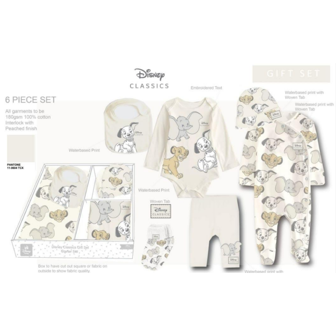 Baby clothing set with Disney characters on a white background