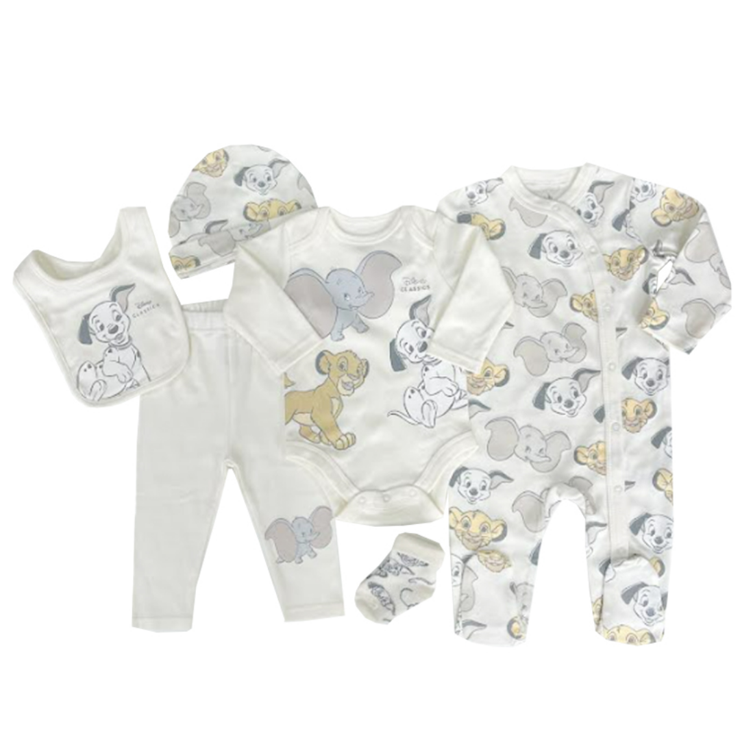Baby clothing set with lion and elephant prints on a white background