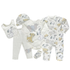 Baby clothing set with lion and elephant prints on a white background