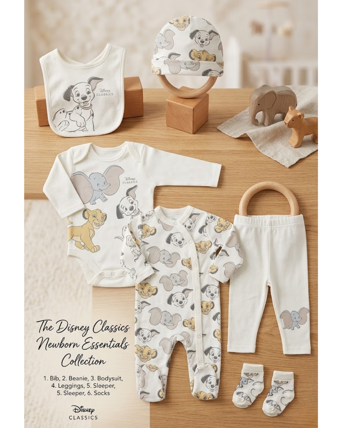 Baby clothing set with Disney character design on a wooden surface