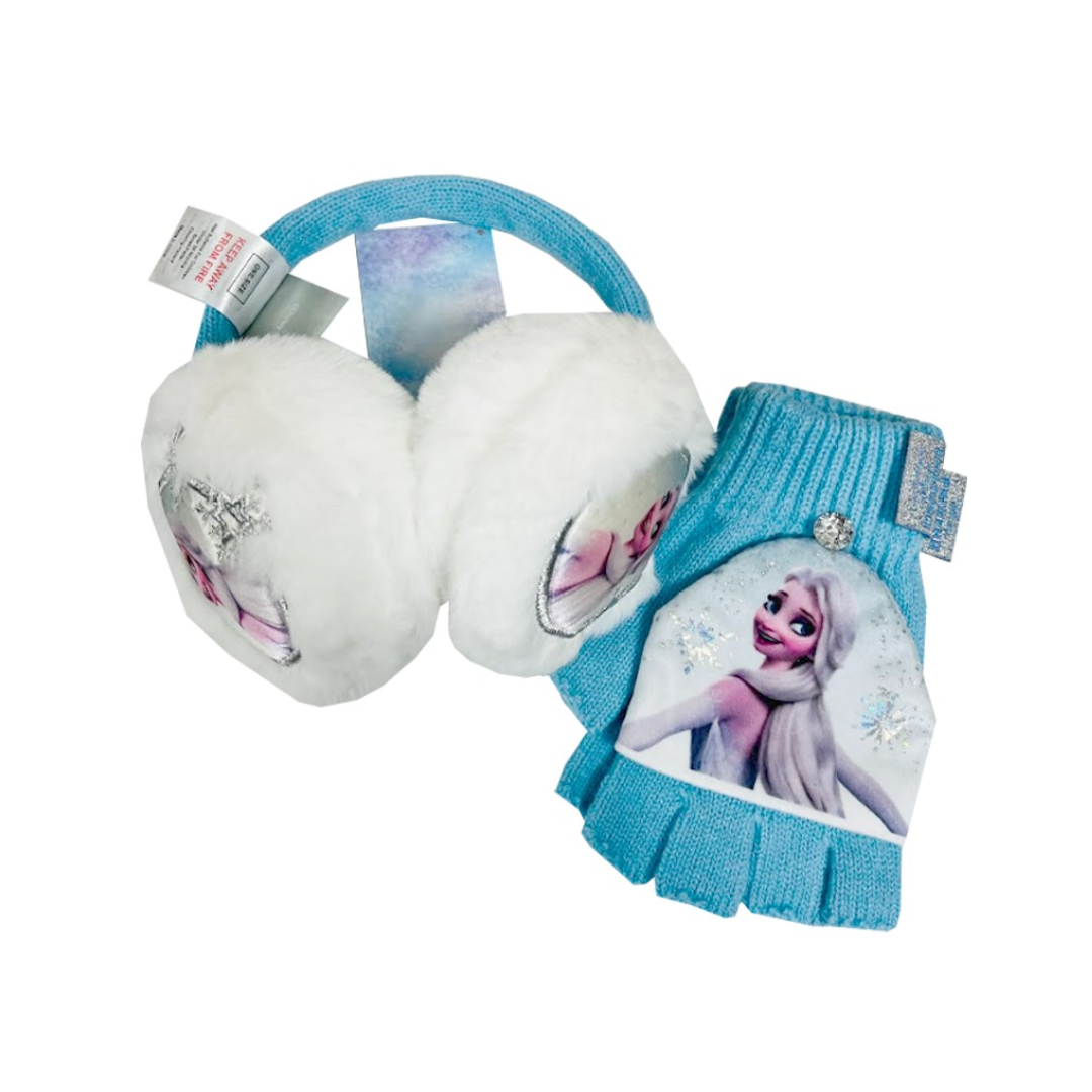 Disney Frozen winter accessory set featuring light blue knitted earmuffs with white fluffy ear pads and matching fingerless gloves with a flip-top mitten cover, both printed with Elsa graphics.