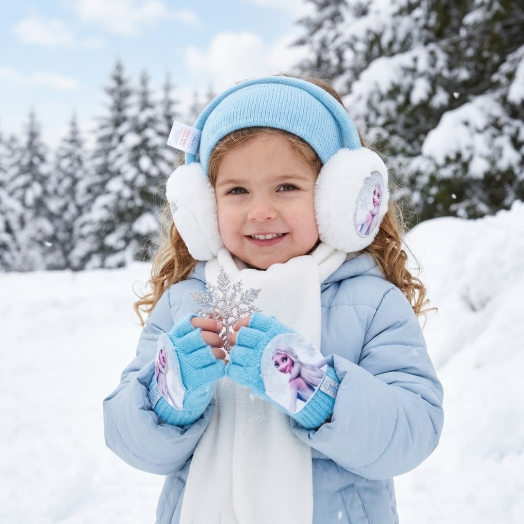 Young girl smiling outdoors in a snowy, pine tree background, wearing a light blue winter jacket with Disney Frozen Elsa earmuffs and matching fingerless gloves holding a snowflake ornament.