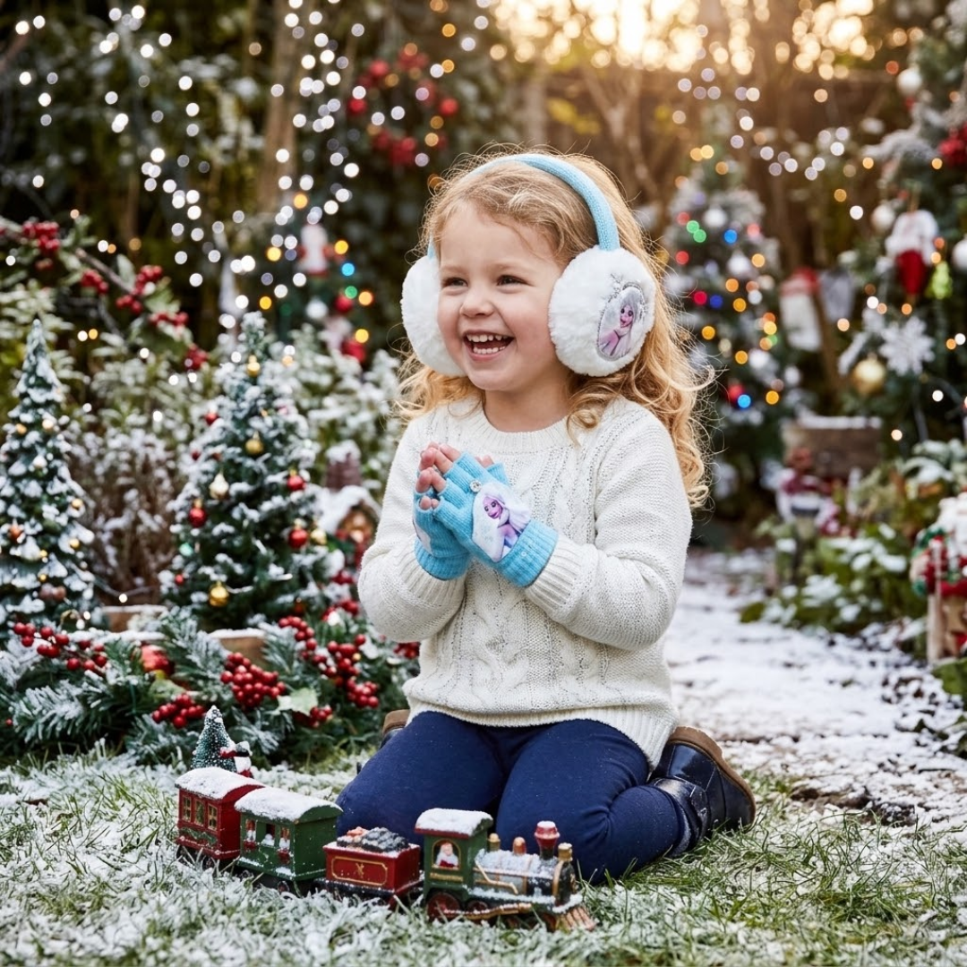 Young girl joyfully clapping while kneeling outdoors in a snowy Christmas garden wearing a cream cable-knit sweater, Disney Frozen Elsa earmuffs, and matching light blue fingerless gloves, next to a toy train set.