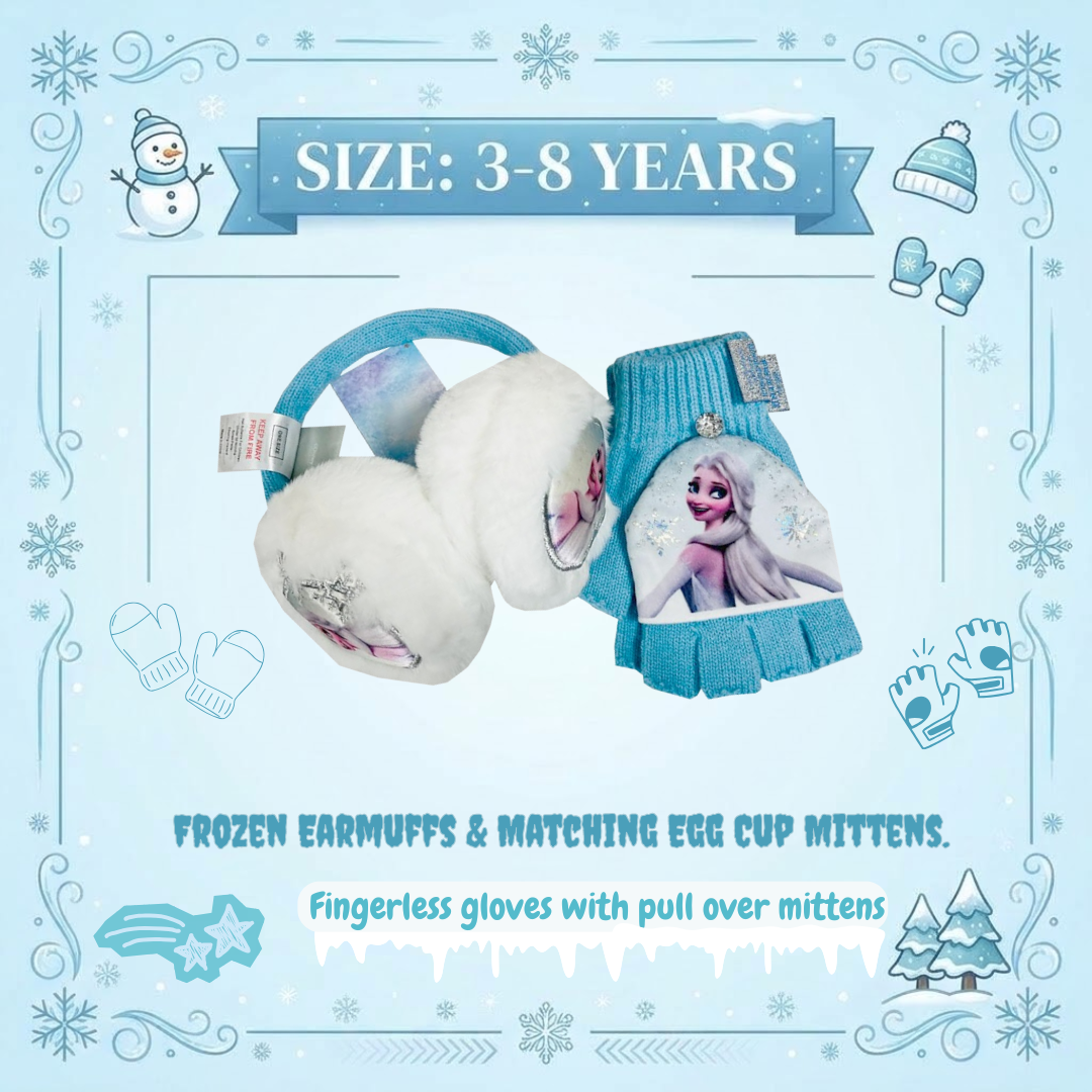 Promotional infographic image for a Disney Frozen winter set, featuring light blue Elsa earmuffs and matching fingerless gloves with pull-over mittens, stating size 3-8 years against a winter snowflake background.