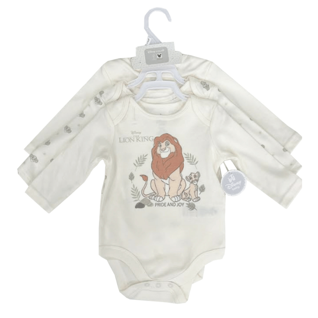 Baby bodysuit with 'The Lion King' design on a white background