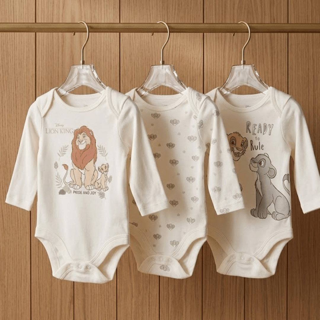 Three baby bodysuits with Disney character designs hanging on a wooden panel background.