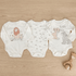 Three baby bodysuits with cartoon designs on a wooden surface, accompanied by a wooden toy.