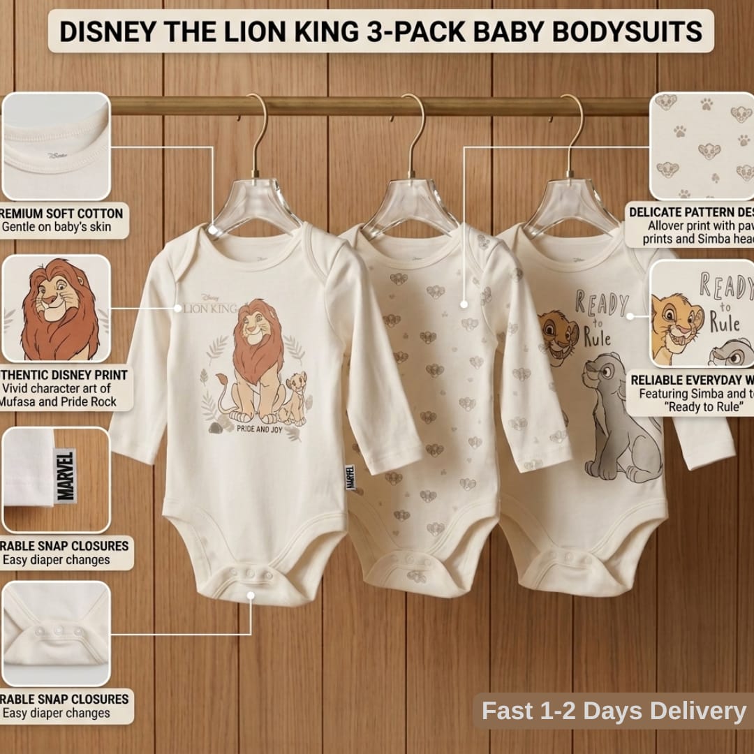 Three baby bodysuits with Disney The Lion King designs hanging on a rack against a wooden background.