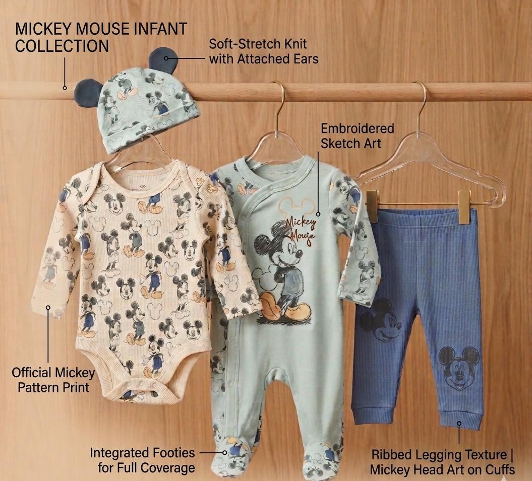 Baby clothing set with Mickey Mouse design on a wooden background