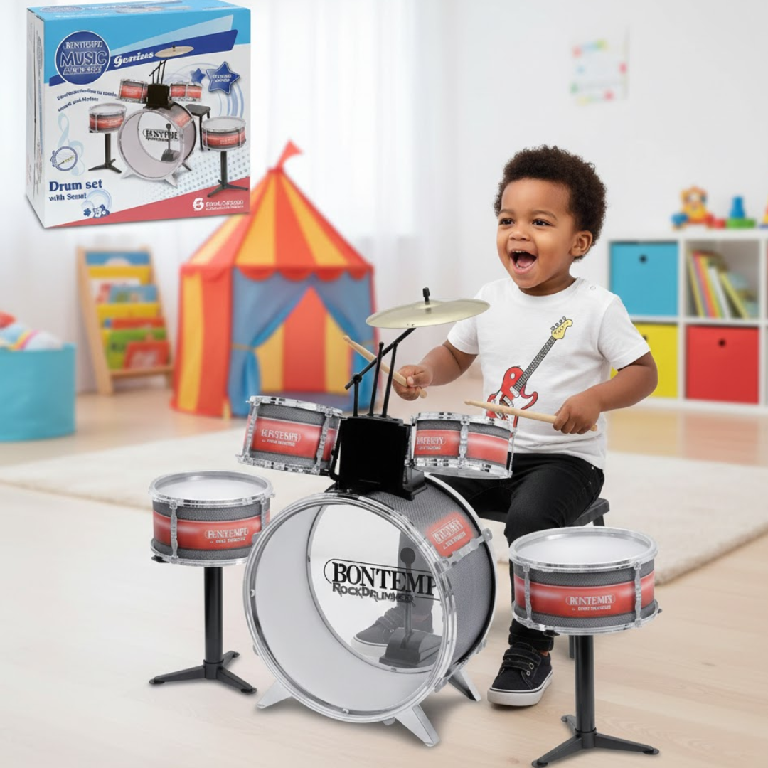 Child playing a toy drum set with a colorful playroom in the background