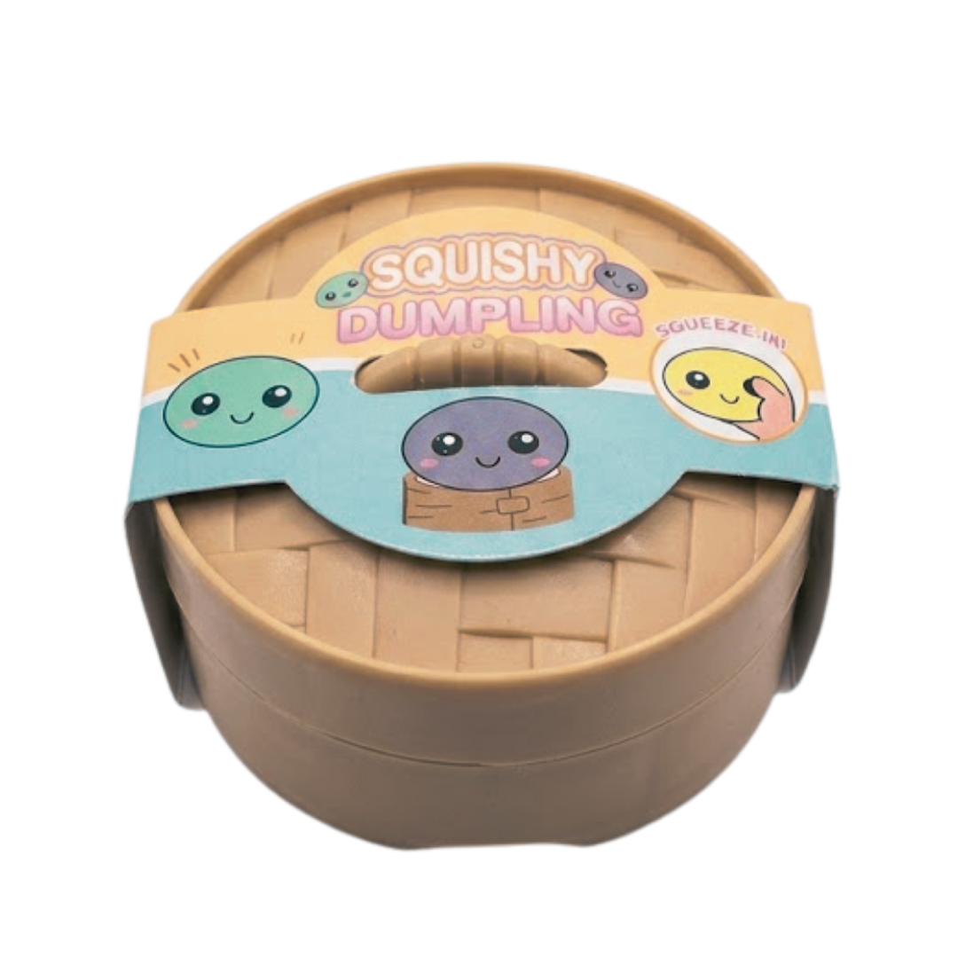 Squishy dumpling toy in a round container with a label on a white background