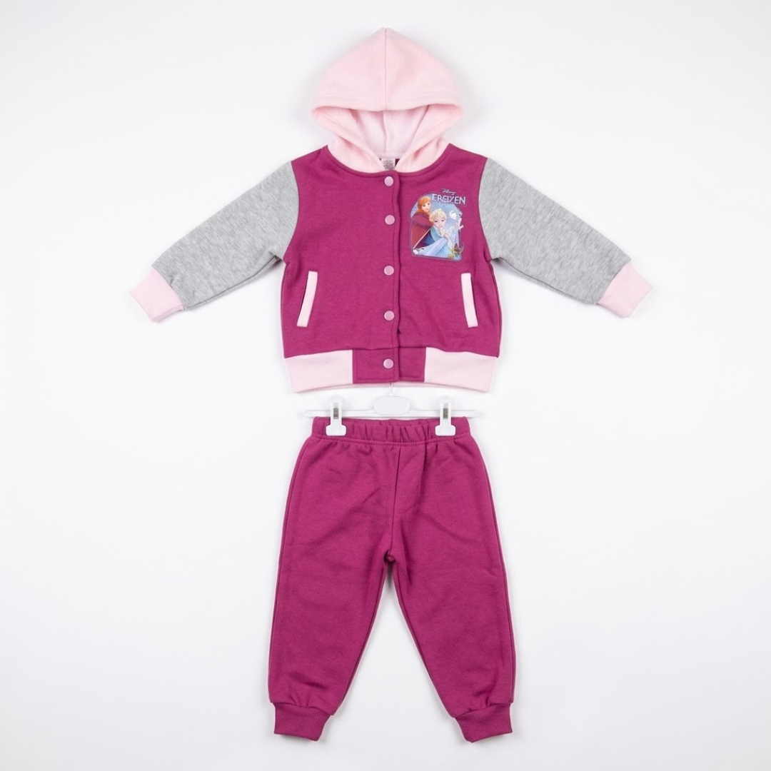 Children's Disney Frozen 2-piece tracksuit set featuring a magenta hooded button-front jacket with grey sleeves, light pink trim, and a chest graphic of Elsa and Anna, paired with matching magenta sweatpants.