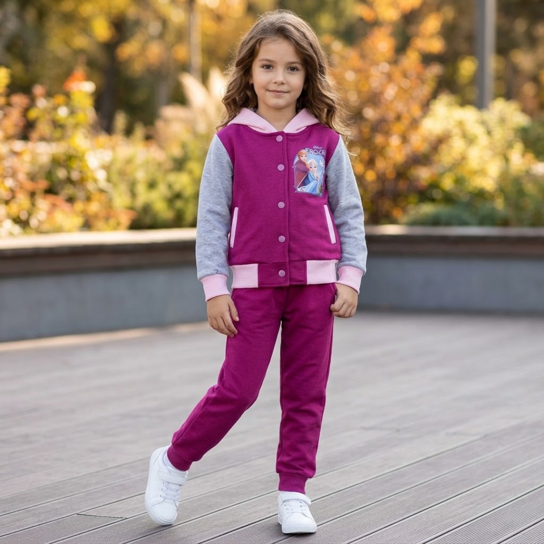 Young girl wearing a magenta and grey Disney Frozen tracksuit with a hooded button-front jacket and matching sweatpants, standing outdoors on a wooden deck.