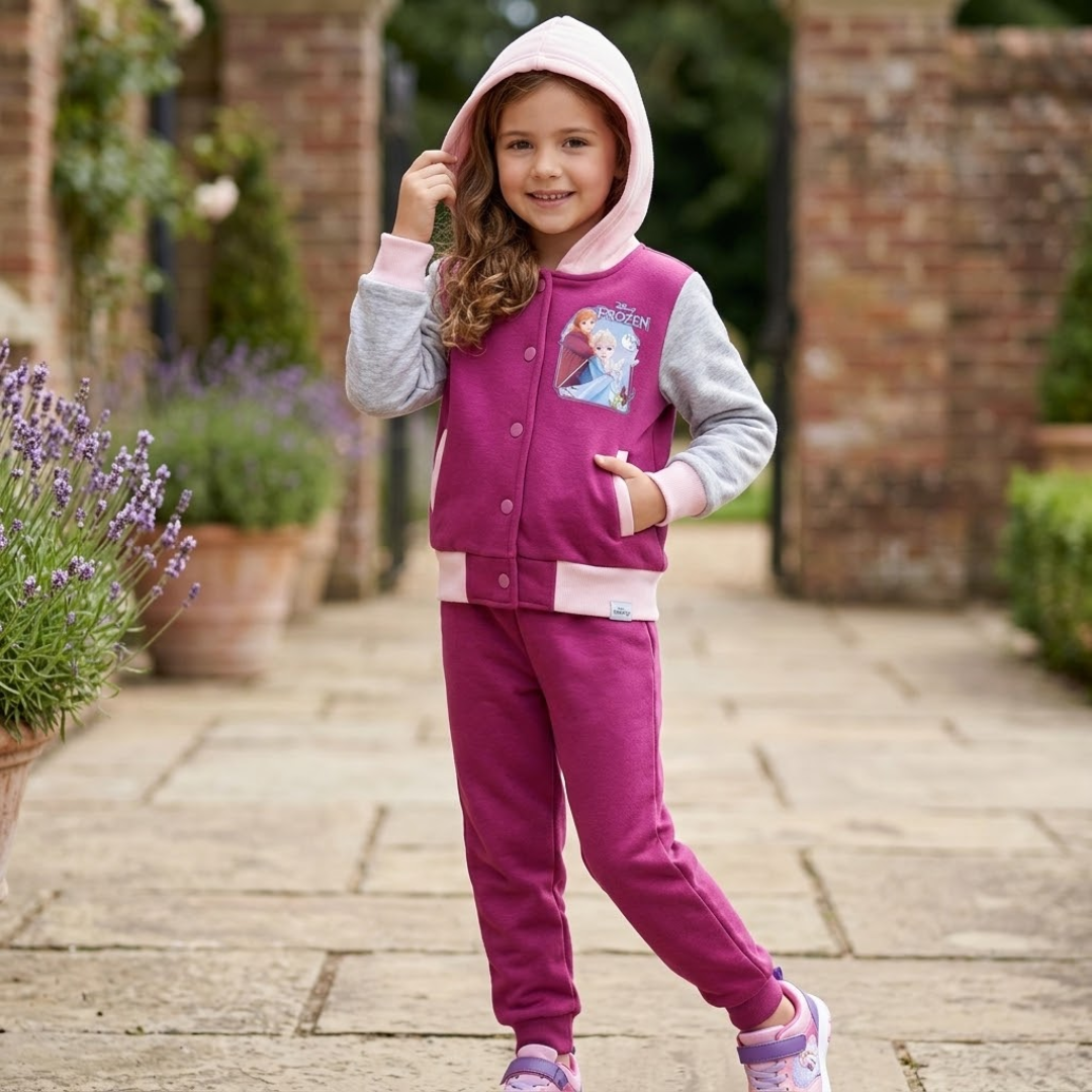 Young girl wearing a magenta and grey Disney Frozen hooded tracksuit standing outdoors on a stone walkway with her hood up.