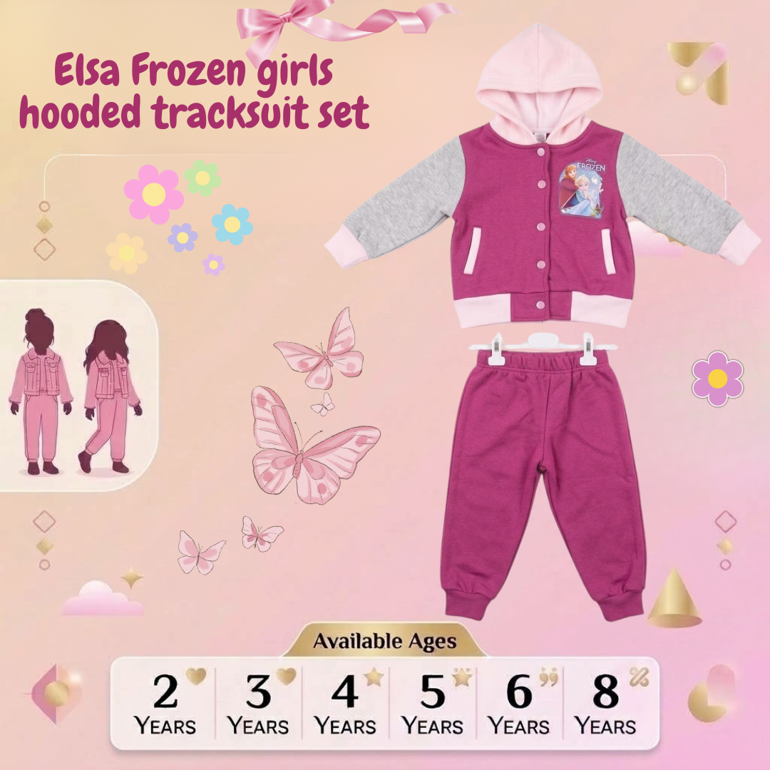 Promotional graphic for an Elsa Frozen girls' hooded tracksuit set in magenta and grey, showing available ages from 2 to 8 years.
