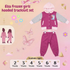 Promotional graphic for an Elsa Frozen girls' hooded tracksuit set in magenta and grey, showing available ages from 2 to 8 years.