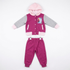 Children's Disney Frozen 2-piece tracksuit set featuring a magenta hooded button-front jacket with grey sleeves, light pink trim, and a chest graphic of Elsa and Anna, paired with matching magenta sweatpants.