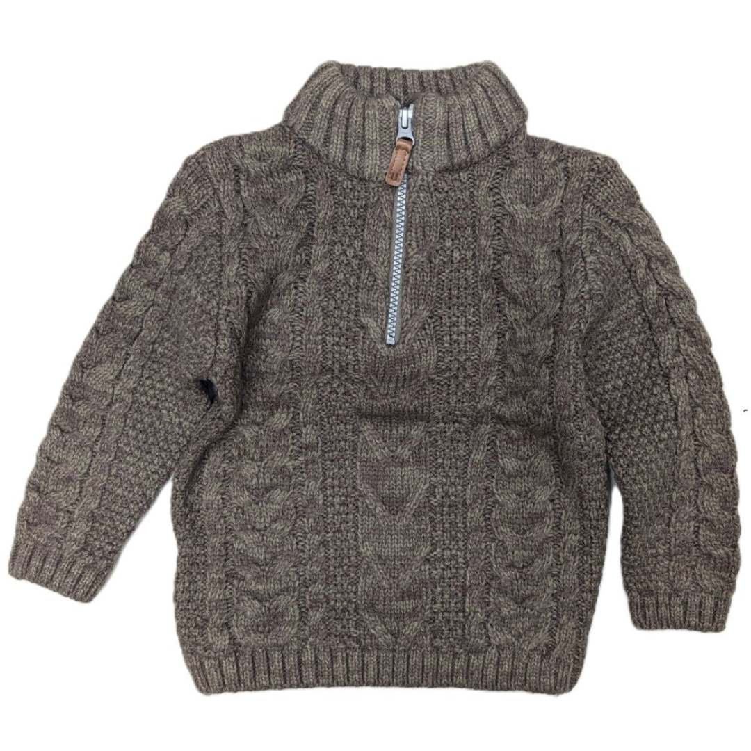 Boys olive green cable-knit half-zip jumper or pullover sweater.
