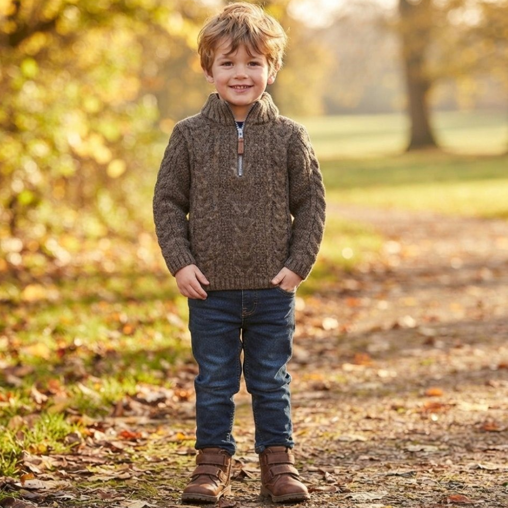 Boys autumn cable-knit half-zip jumper and denim jeans outfit, modeled outdoors in a fall setting.