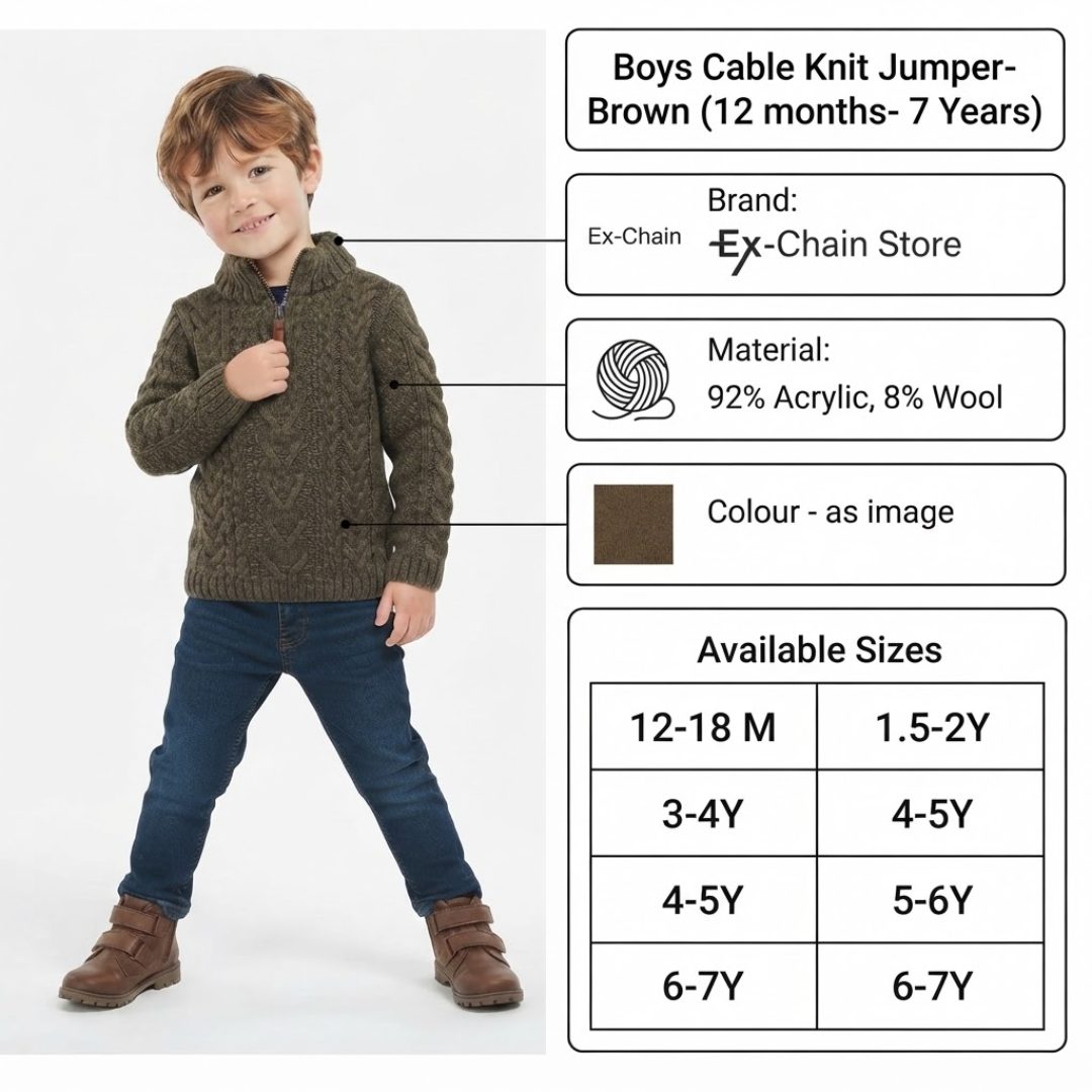 Product feature guide showing fabric composition, color swatch, and available age sizing for a children's quarter-zip knitted sweater.