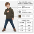Product feature guide showing fabric composition, color swatch, and available age sizing for a children's quarter-zip knitted sweater.