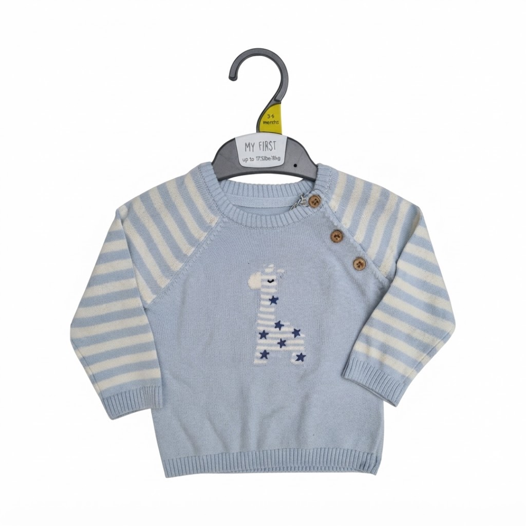 A light blue baby sweater on a hanger, featuring striped sleeves, wooden buttons on the shoulder, and a giraffe graphic with blue stars on the front.