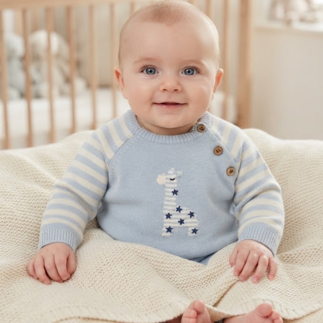 A smiling baby sitting in a soft knit blanket, wearing a light blue sweater with striped sleeves, shoulder buttons, and a giraffe graphic.