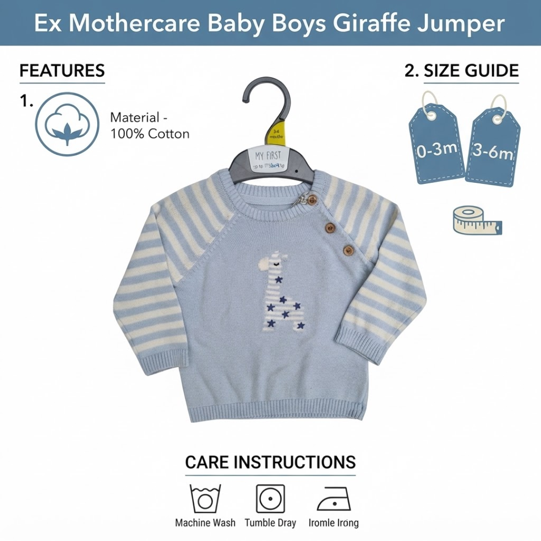 An advertisement for a Mothercare baby boy's giraffe jumper, showing the light blue knit sweater on a hanger, along with 100% cotton material details, size guides for 0 to 6 months, and care instructions.