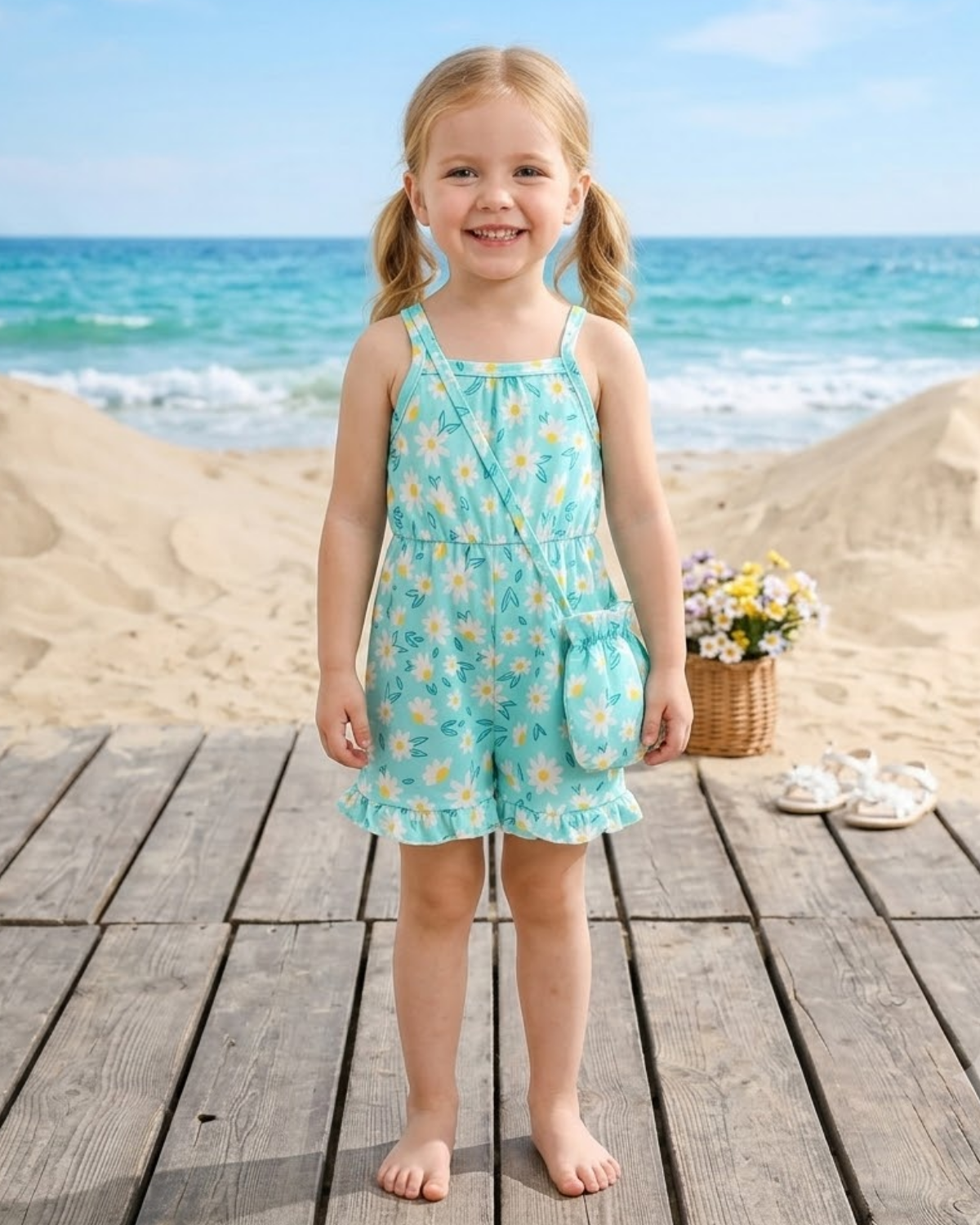 Young girl in a floral dress standing on a wooden deck by the beach.