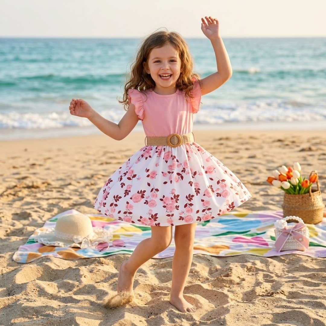 Young girl in a floral dress on a beach with ocean in the background