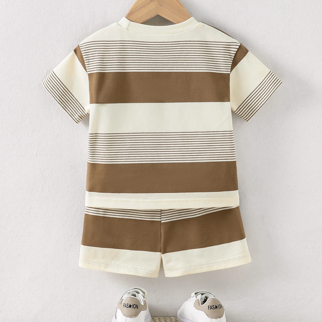 Children's striped shirt and shorts set on a hanger with white background
