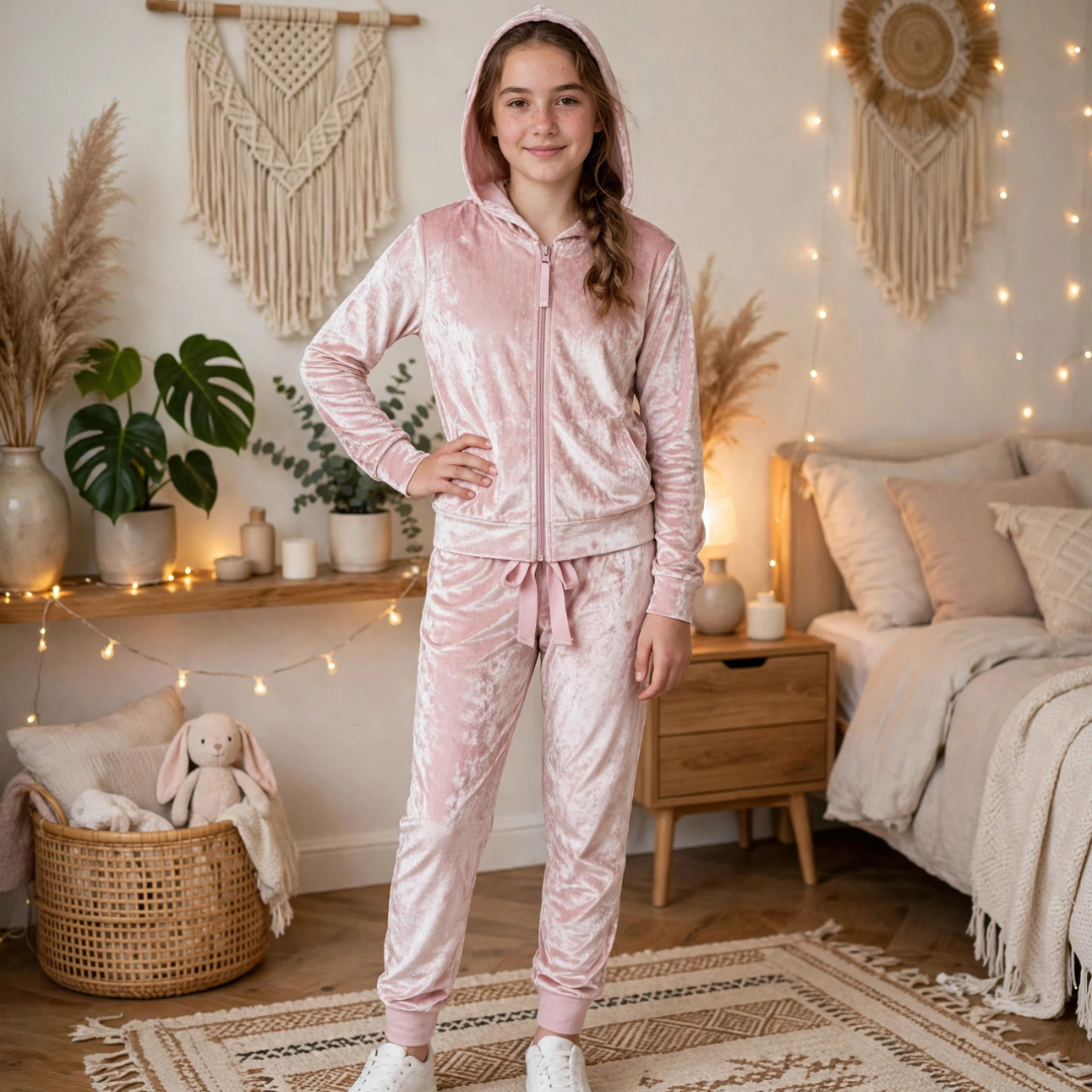 Girl in a pink crushed velour two-piece tracksuit set.   