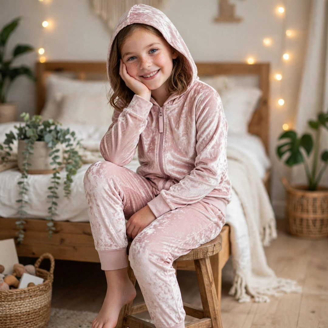 Girl wearing a pink crushed velour hoodie and joggers set sitting in a bedroom.   