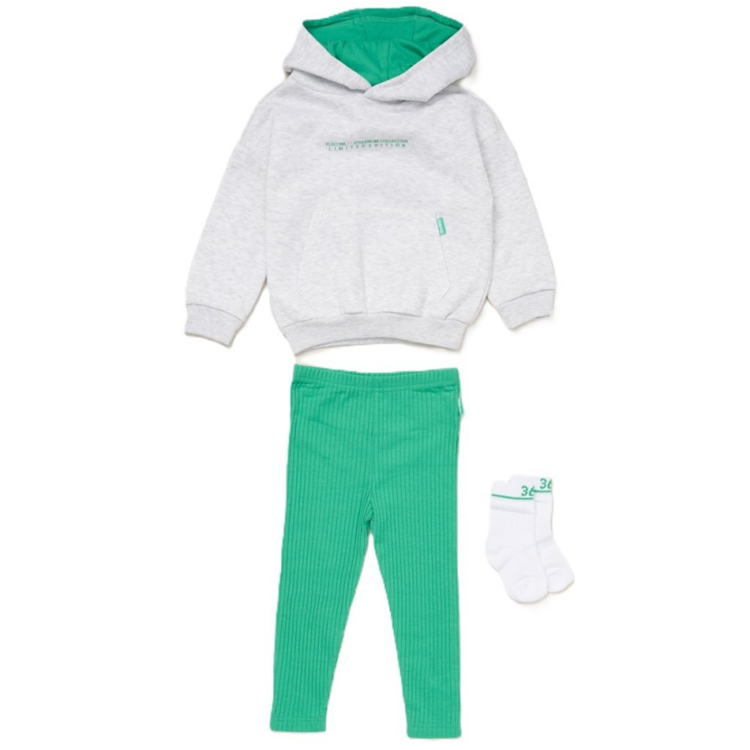 A children's three-piece clothing set featuring a light gray heathered hoodie with a bright green hood lining, matching green ribbed leggings, and a pair of white socks with green trim, laid out on a white background.