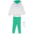 A children's three-piece clothing set featuring a light gray heathered hoodie with a bright green hood lining, matching green ribbed leggings, and a pair of white socks with green trim, laid out on a white background.