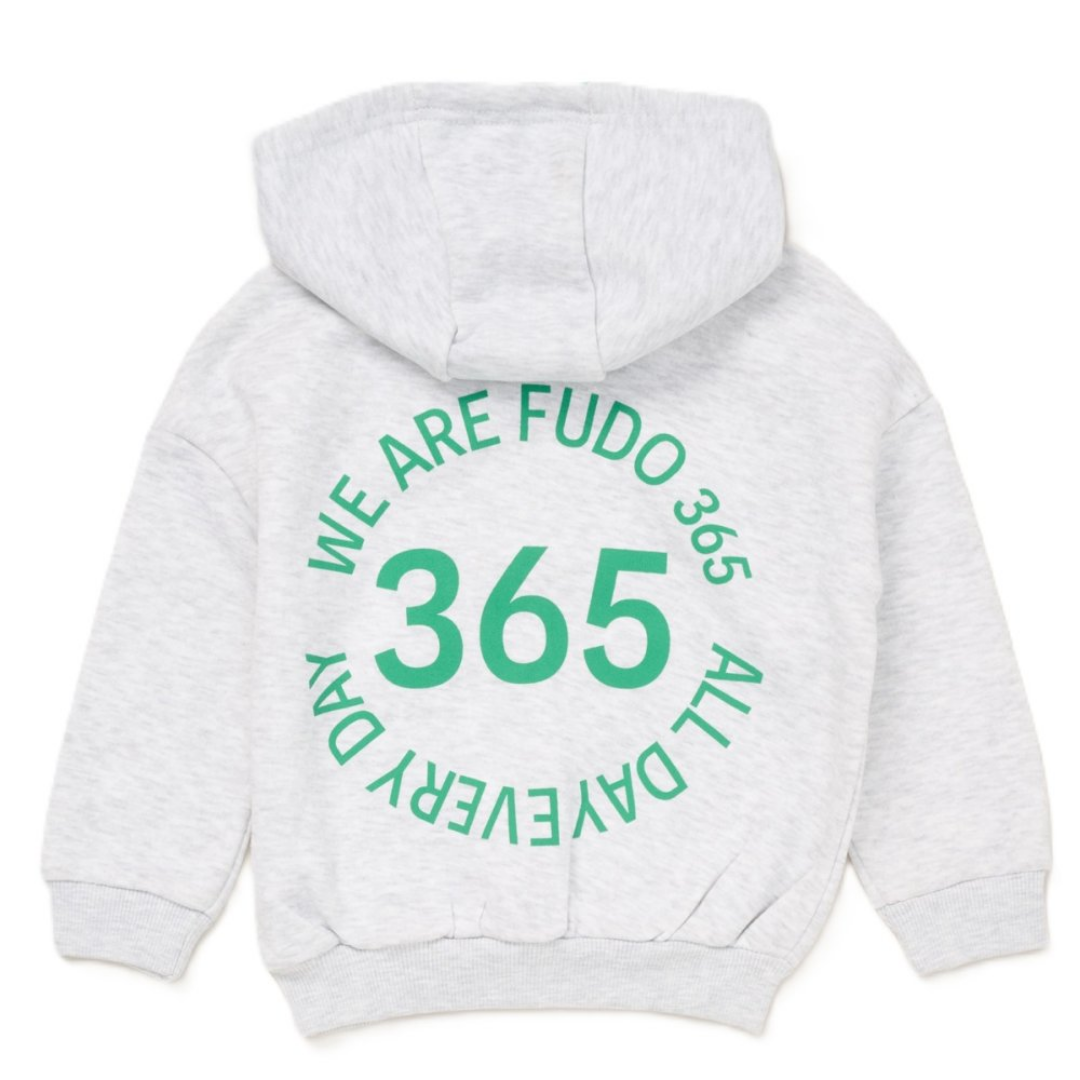 A light heather gray hoodie shown from the back, featuring a green graphic print that reads 'WE ARE FUDO 365 ALL DAY EVERY DAY' in a circular layout around the large number '365'.