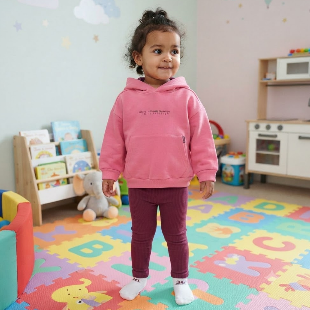 A toddler with short blonde hair wearing a pink hooded sweatshirt with a small chest graphic and kangaroo pocket, maroon ribbed leggings, and white socks with text at the ankle, standing in a playroom with a colorful foam alphabet mat floor and shelving units in the background.
