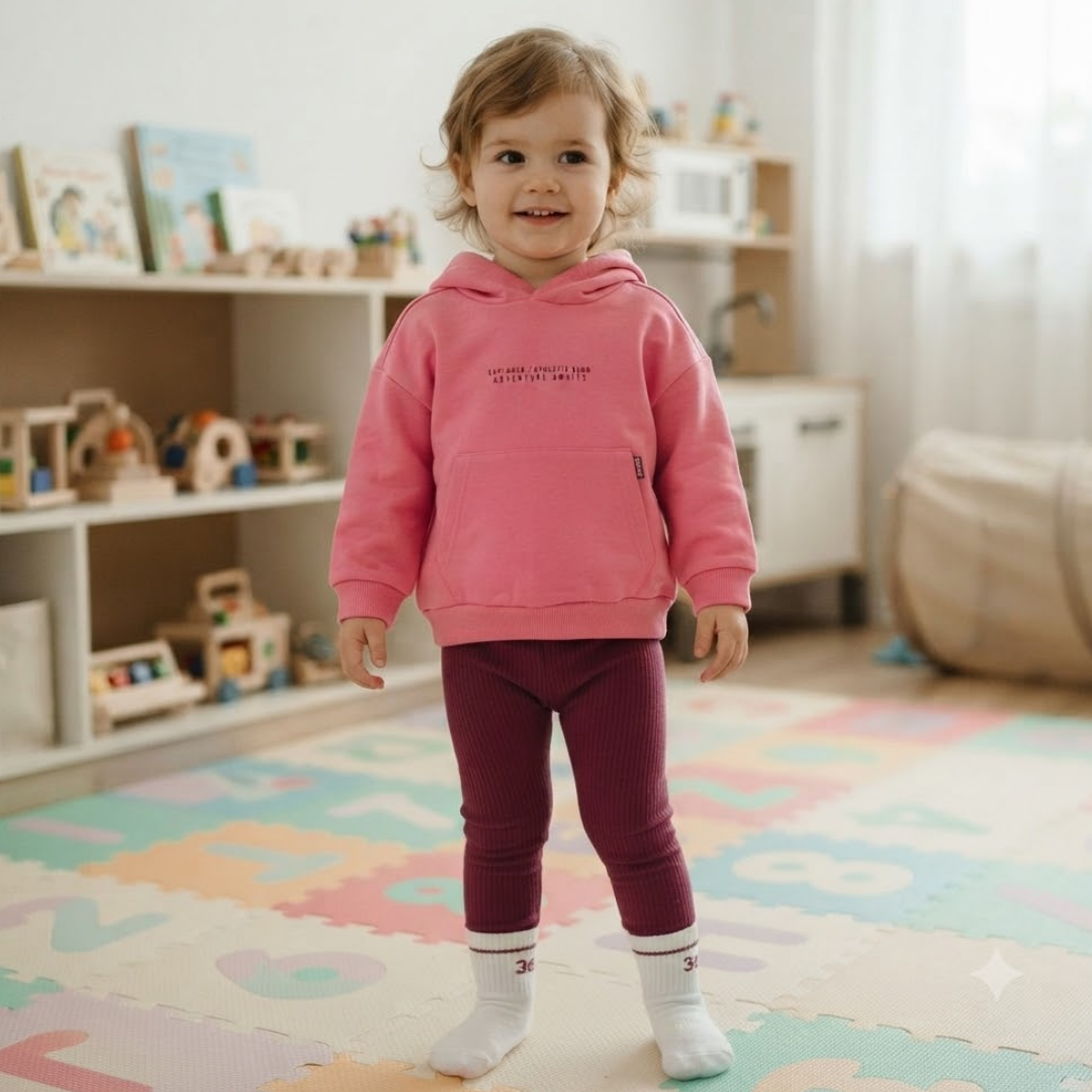 A toddler wearing a pink hooded sweatshirt with a small chest graphic and kangaroo pocket, paired with maroon ribbed leggings and white socks, standing in a brightly colored playroom with foam alphabet mats on the floor, a wooden toy kitchen, and a bookcase filled with children's books.