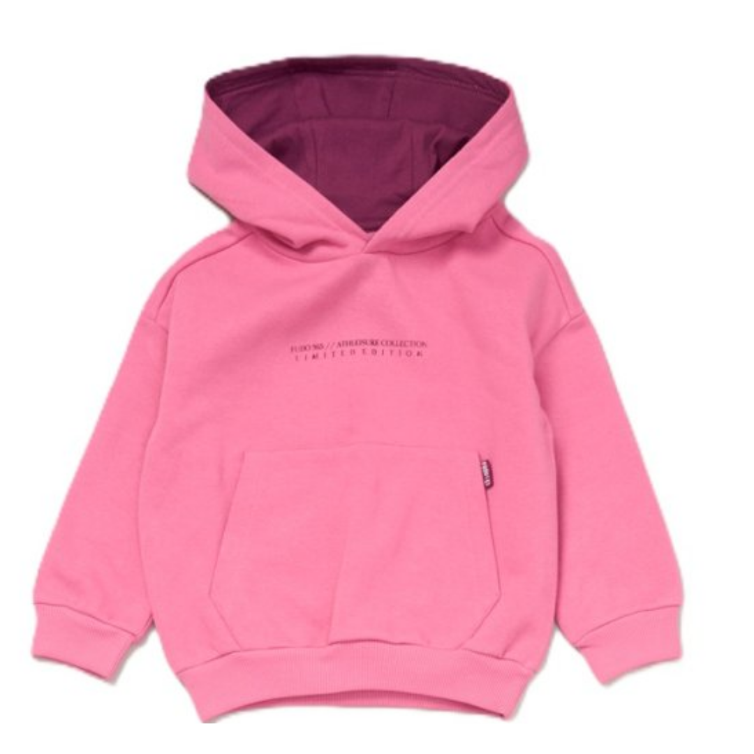 The front view of the pink hooded sweatshirt with a contrasting maroon inner hood, featuring small chest text reading 