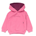 The front view of the pink hooded sweatshirt with a contrasting maroon inner hood, featuring small chest text reading "FUDO 365 // ATHLEISURE COLLECTION LIMITED EDITION", a kangaroo pocket, and ribbed cuffs and hem.