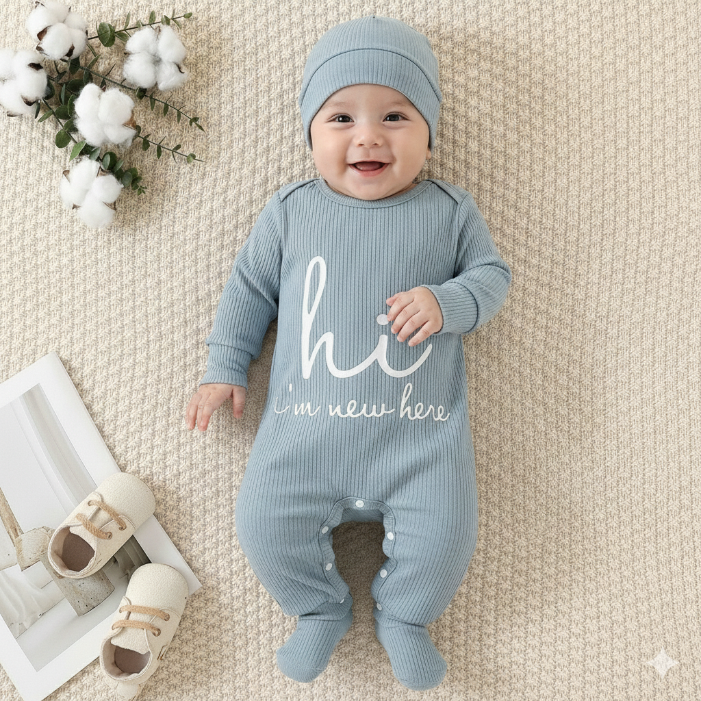 Boys Cute Letter Print Romper Set – Knit Outfit with Hat & Socks