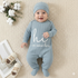 Boys Cute Letter Print Romper Set – Knit Outfit with Hat & Socks