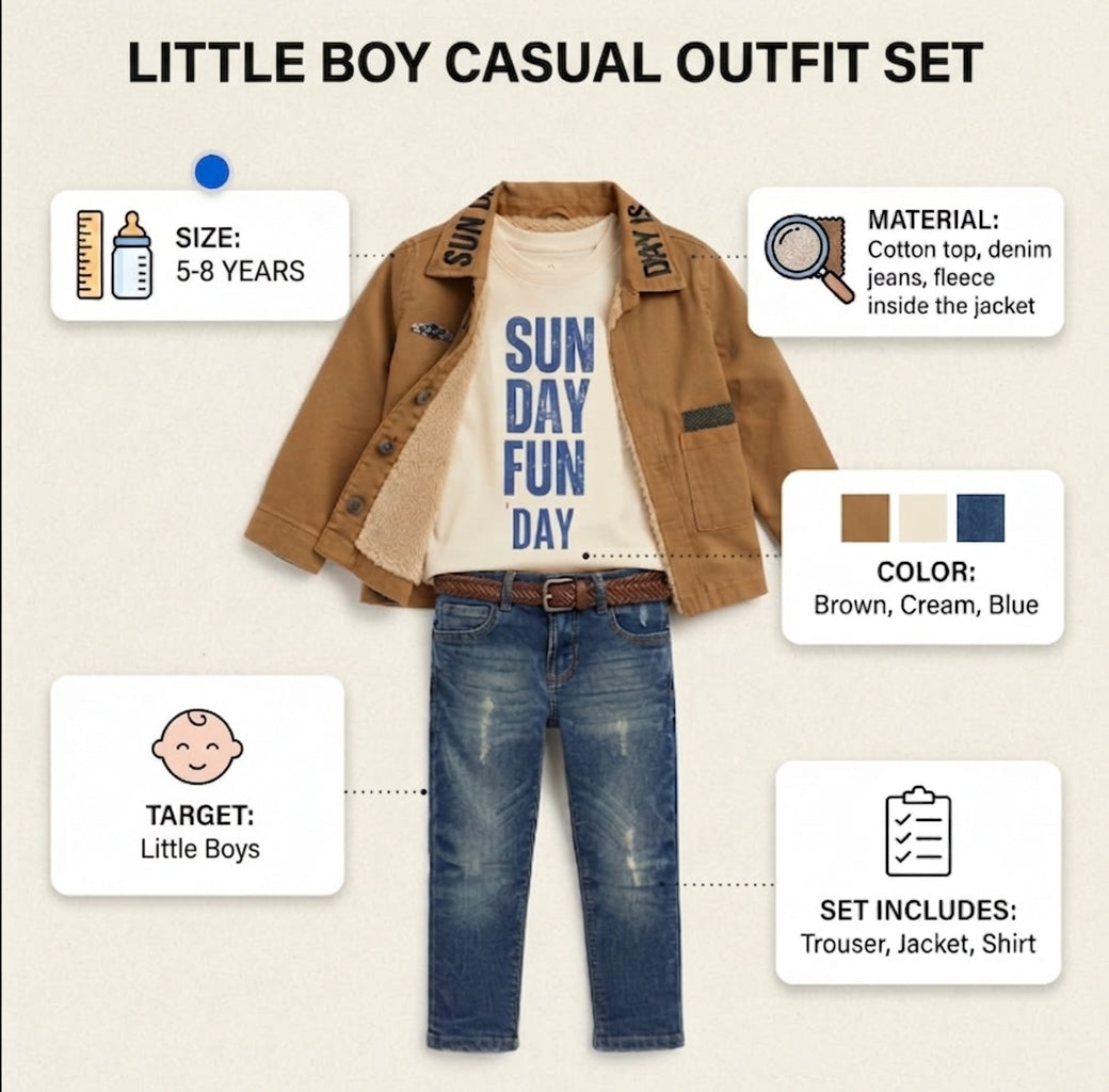 A children's casual outfit set displayed on a mannequin-style torso with labeled callouts. The set includes a tan jacket, cream graphic T-shirt, and blue jeans.