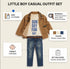 A children's casual outfit set displayed on a mannequin-style torso with labeled callouts. The set includes a tan jacket, cream graphic T-shirt, and blue jeans.