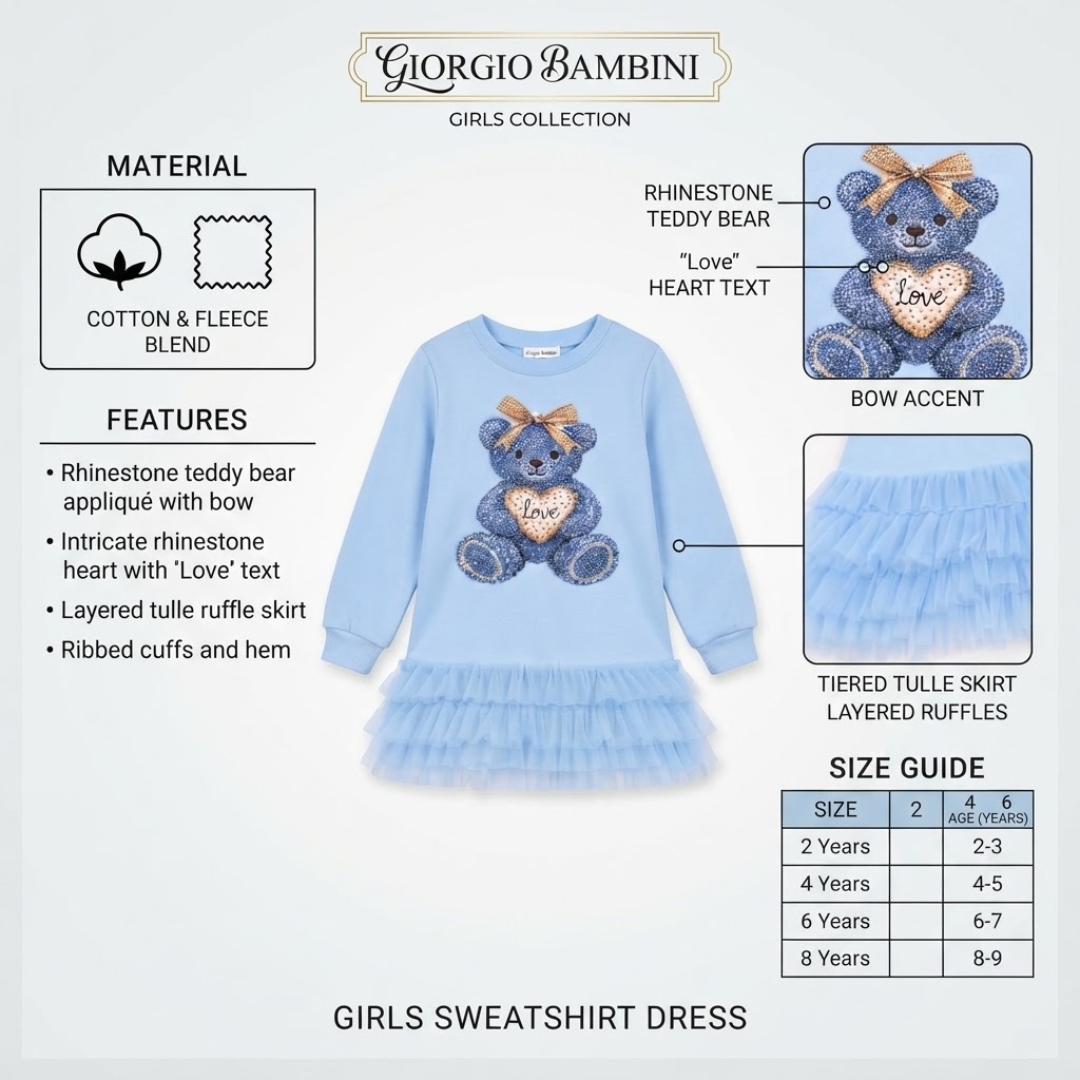 A light blue long-sleeve sweatshirt dress for girls by Giorgio Bambini, featuring a rhinestone teddy bear applique with a heart that says 'Love' and 'JoJo' in the center. The dress includes a tiered ruffle skirt and is shown with feature callouts, material info (cotton and fleece blend), and a size guide table.