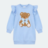 A product information graphic for a toddler girl's long-sleeve peplum T-shirt and printed leggings set by Giorgio Bambini. The set is light pink with a central Eiffel Tower motif and floral applique.