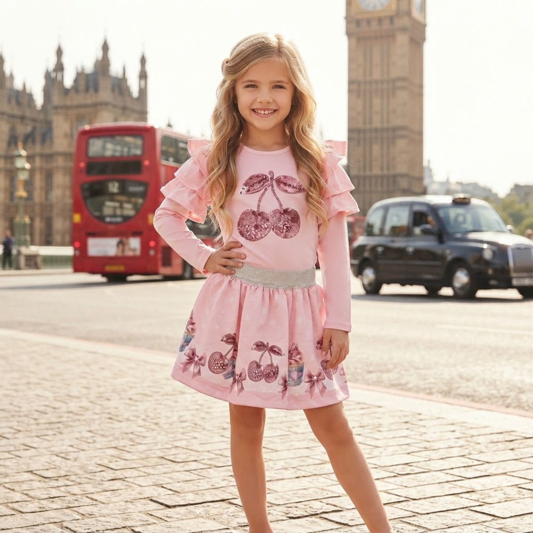 A young girl stands on a cobblestone street in London wearing a light pink long-sleeve dress with ruffled shoulders, a silver-gray waistband, and cherry sequin prints on the front and skirt. Big Ben, a red double-decker bus, and a black cab are visible in the background.