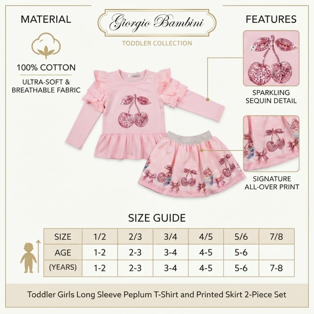 A product infographic for a toddler girls' long-sleeve peplum T-shirt and printed skirt set by Giorgio Bambini. The set is light pink with sequined cherry prints and a small floral motif.
