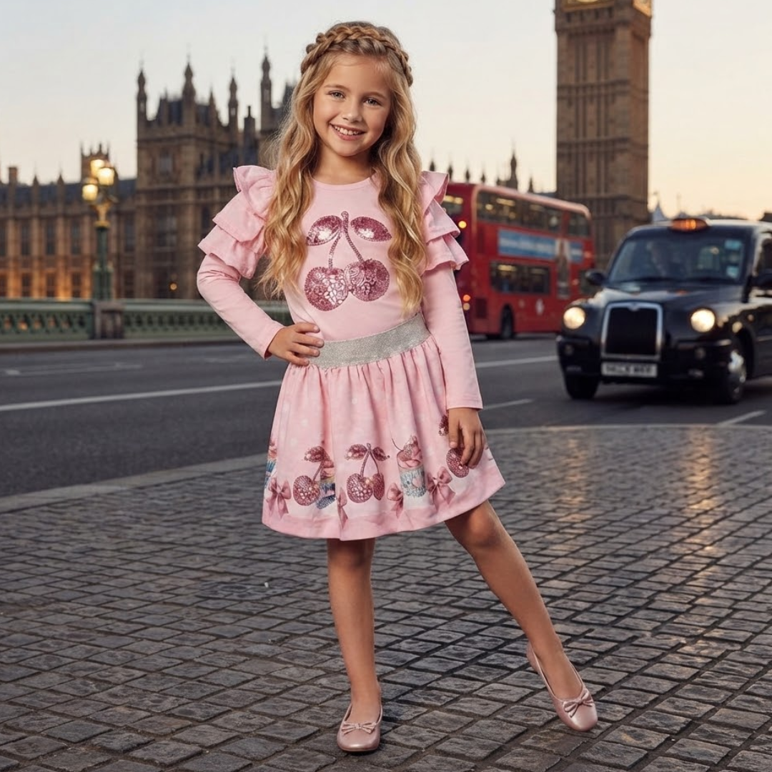 A young girl with blonde braided hair stands on a cobblestone street in London, wearing a pink long-sleeve dress with cherry sequin details. The background shows Big Ben and a red double-decker bus.
